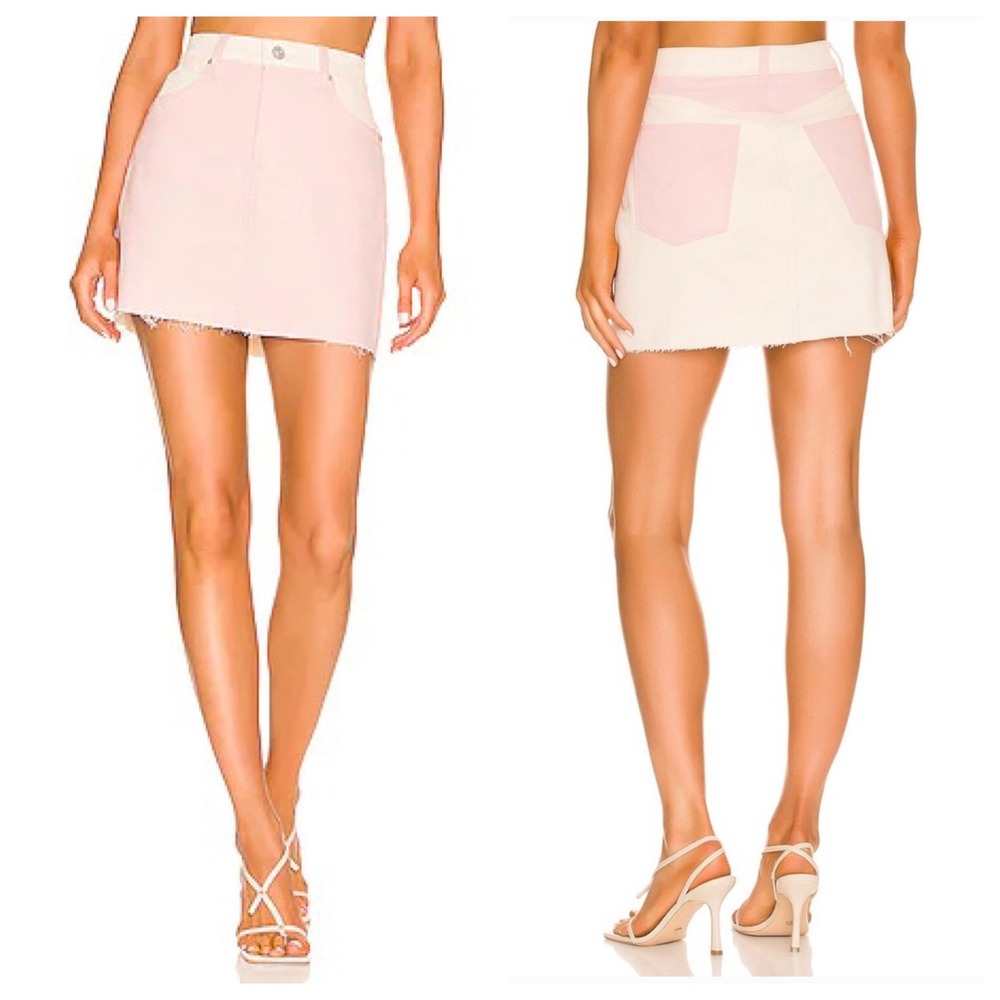 Hudson Viper Pink Cream Colorblock Denim Mini Skirt Raw Hem Size 28 NWT